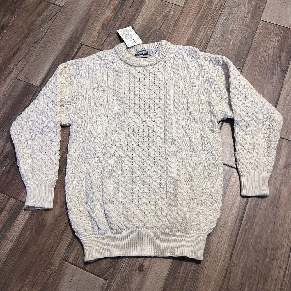 Aran Crafts Chunky Knit 100% Wool Ireland Sweater Cream Large NWT